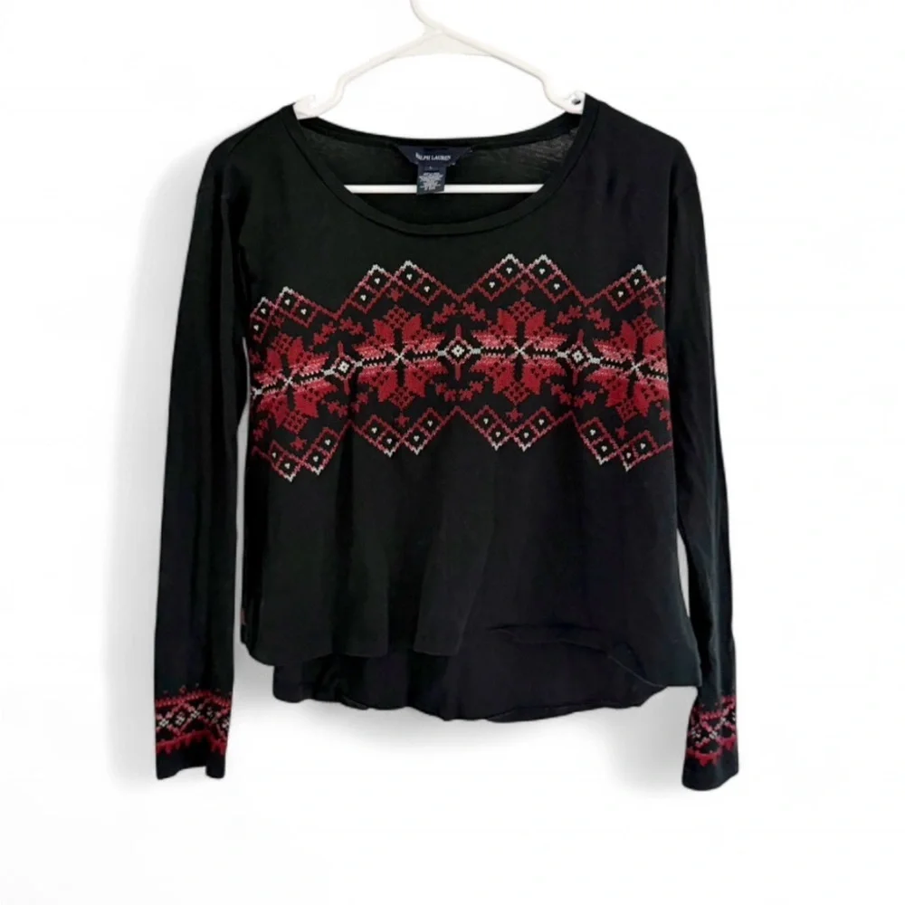 Ralph Lauren Girls Kids Top Shirt L Black Cabin Fair Isle Holiday Festive Ski